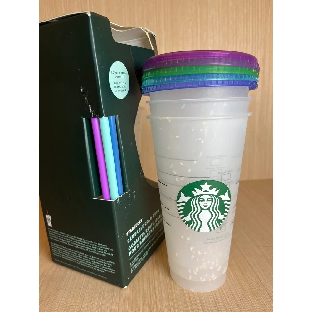 Starbucks Reusable Color Changing Confetti Cold Cups 24oz Tumbler Set of 4 NEW